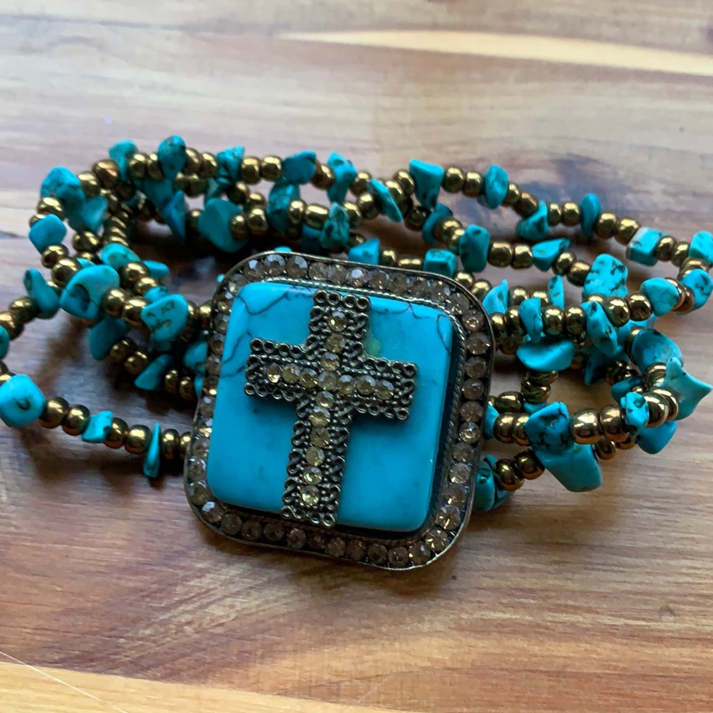 Cross And Turquoise Stretchy Bracelet